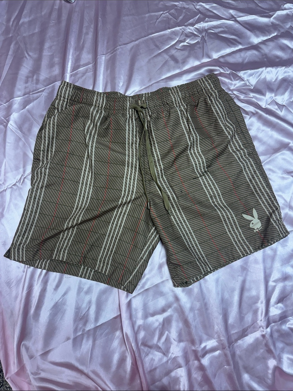 PLAYBOY Brown & Cream Striped Swim Shorts with Red Pinstripes